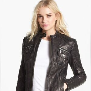 MICHAEL Michael Kors Navy Quilt Trim Leather Scuba Jacket Size S